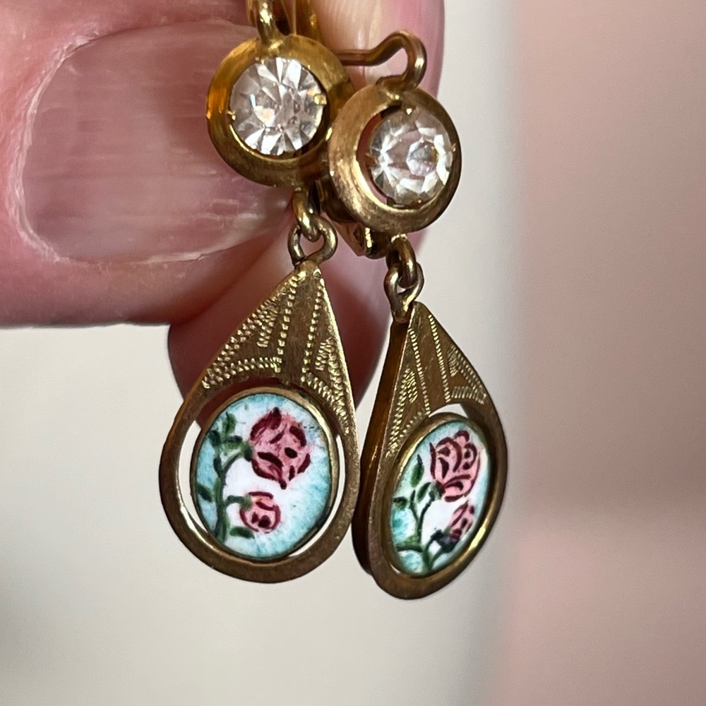 Antique Victorian gold Fill Art Nouveau Hand Painted Flowers Dangle Earring - Picture 13 of 13